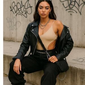 New XS‎ Beige Cut Out Asymmetrical Strappy One Shoulder Bodysuit Adjustable